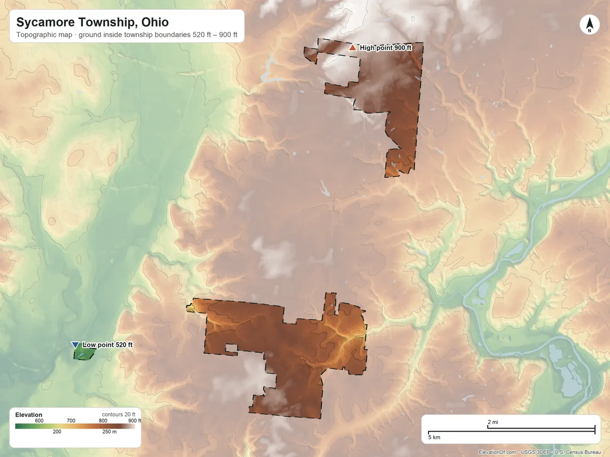 Topographic elevation map of Sycamore Township, Ohio, shaded from 520 ft on the west side to 900 ft on the north side