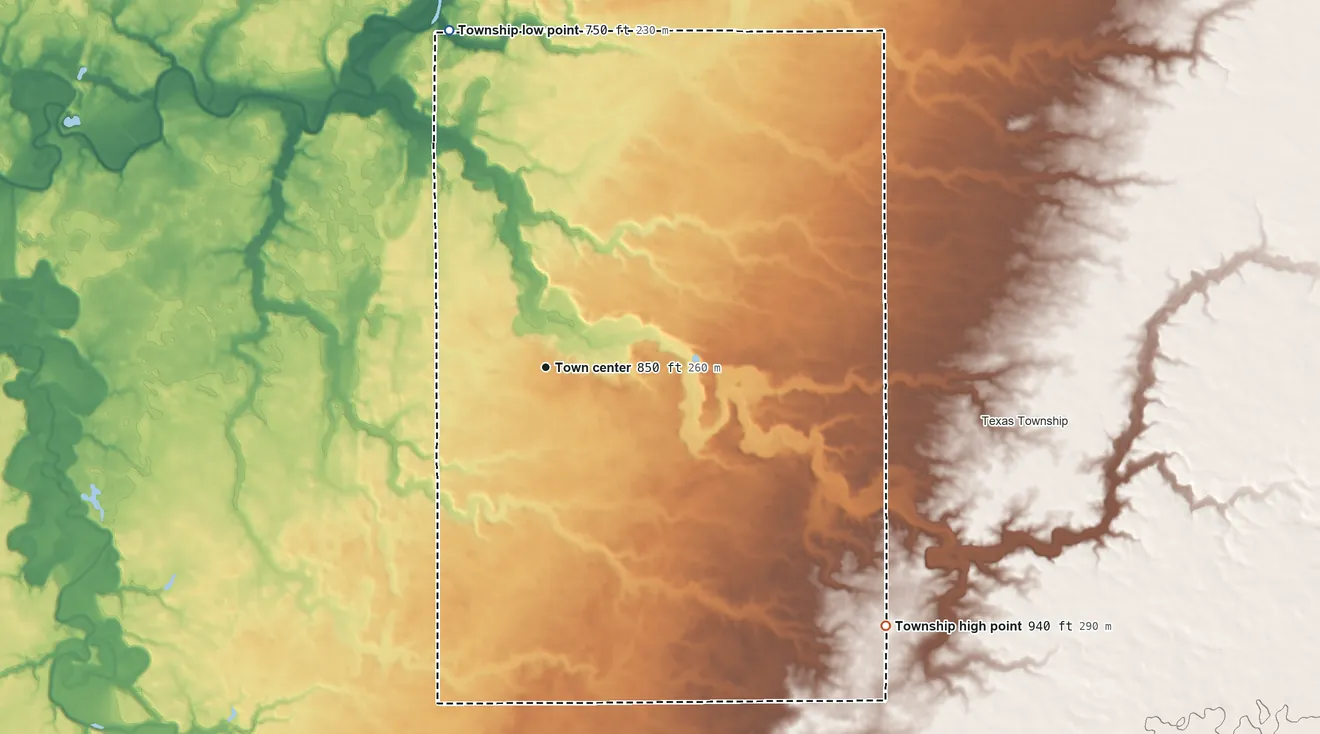 Topographic elevation map of Sycamore Township, Wyandot County, Ohio, shaded from 750 ft on the north side to 940 ft on the southeast side