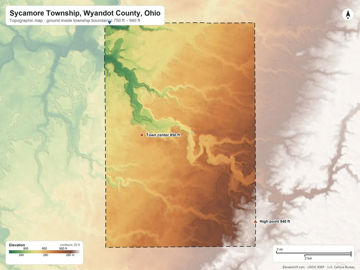 Topographic elevation map of Sycamore Township, Wyandot County, Ohio, shaded from 750 ft on the north side to 940 ft on the southeast side