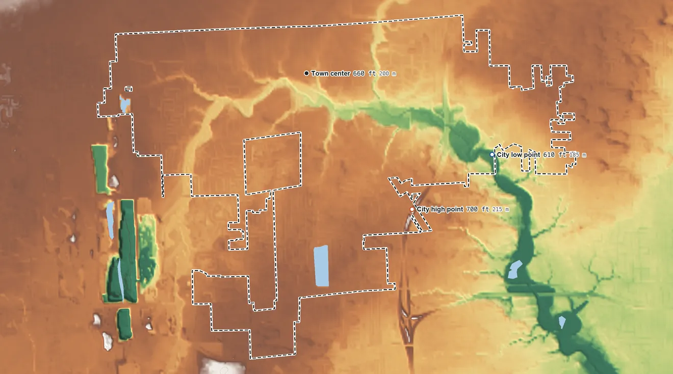 Topographic elevation map of Sylvania, Ohio, shaded from 610 ft on the southeast side to 700 ft on the southeast side