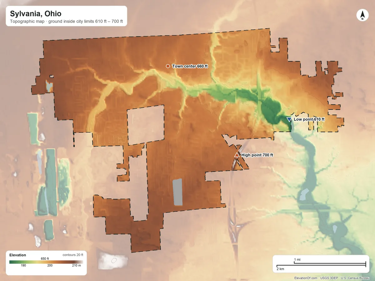 Topographic elevation map of Sylvania, Ohio, shaded from 610 ft on the southeast side to 700 ft on the southeast side
