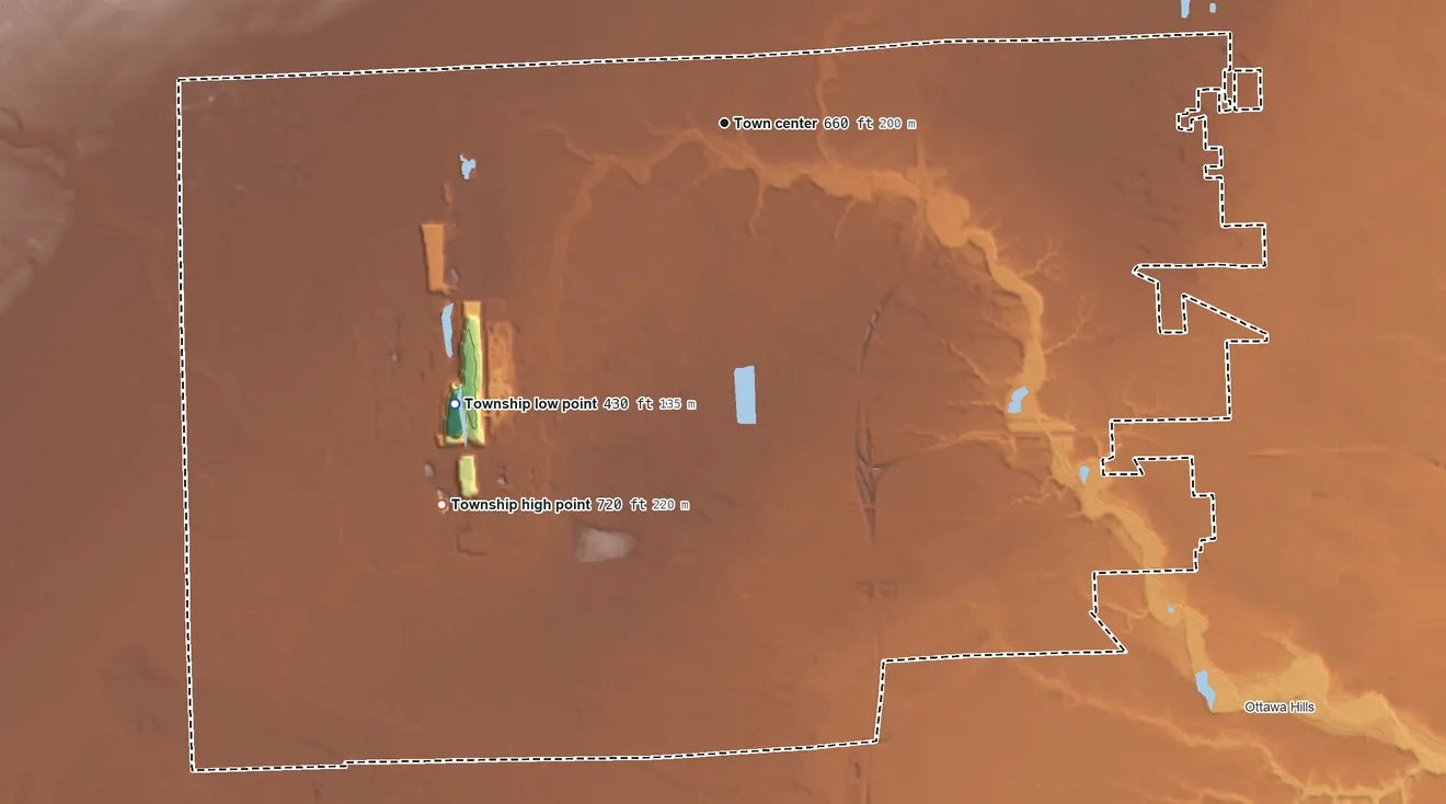 Topographic elevation map of Sylvania Township, Ohio, shaded from 430 ft on the southwest side to 720 ft on the southwest side