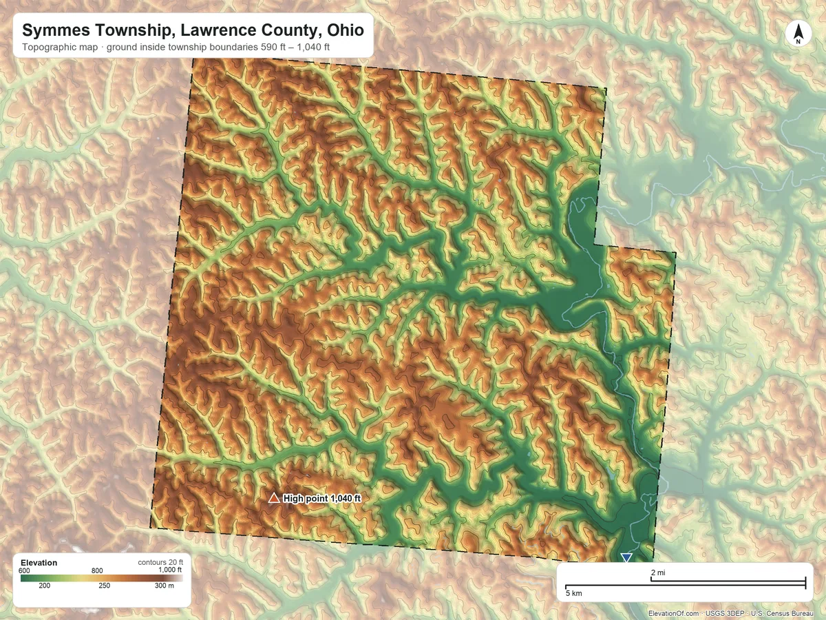 Topographic elevation map of Symmes Township, Lawrence County, Ohio, shaded from 590 ft on the southeast side to 1,040 ft on Stewart Knob