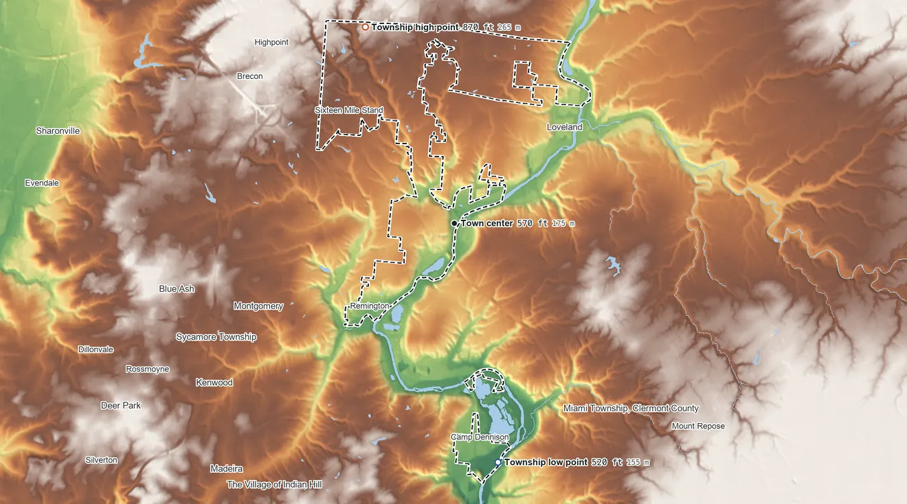 Topographic elevation map of Symmes Township, Ohio, shaded from 520 ft on the south side to 870 ft on the northwest side