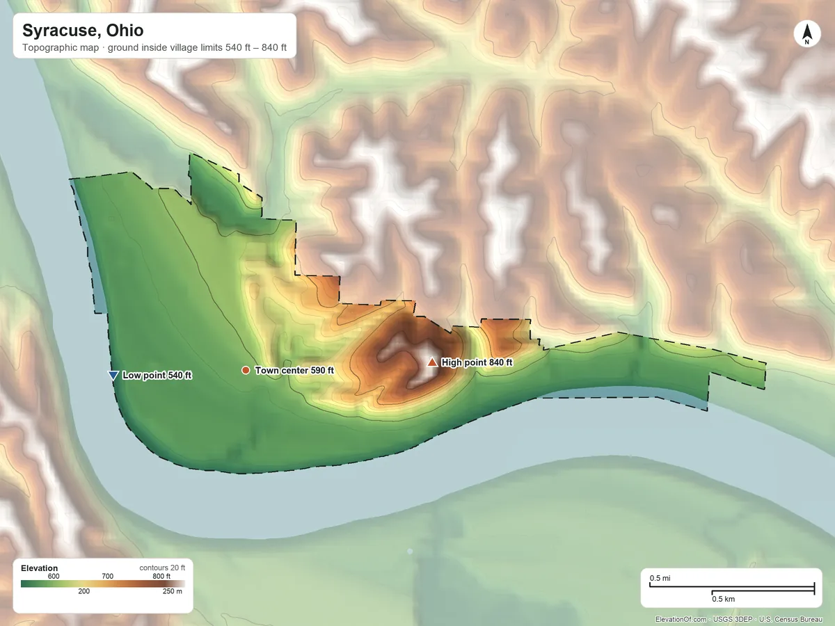 Topographic elevation map of Syracuse, Ohio, shaded from 540 ft on the west side to 840 ft on the east side