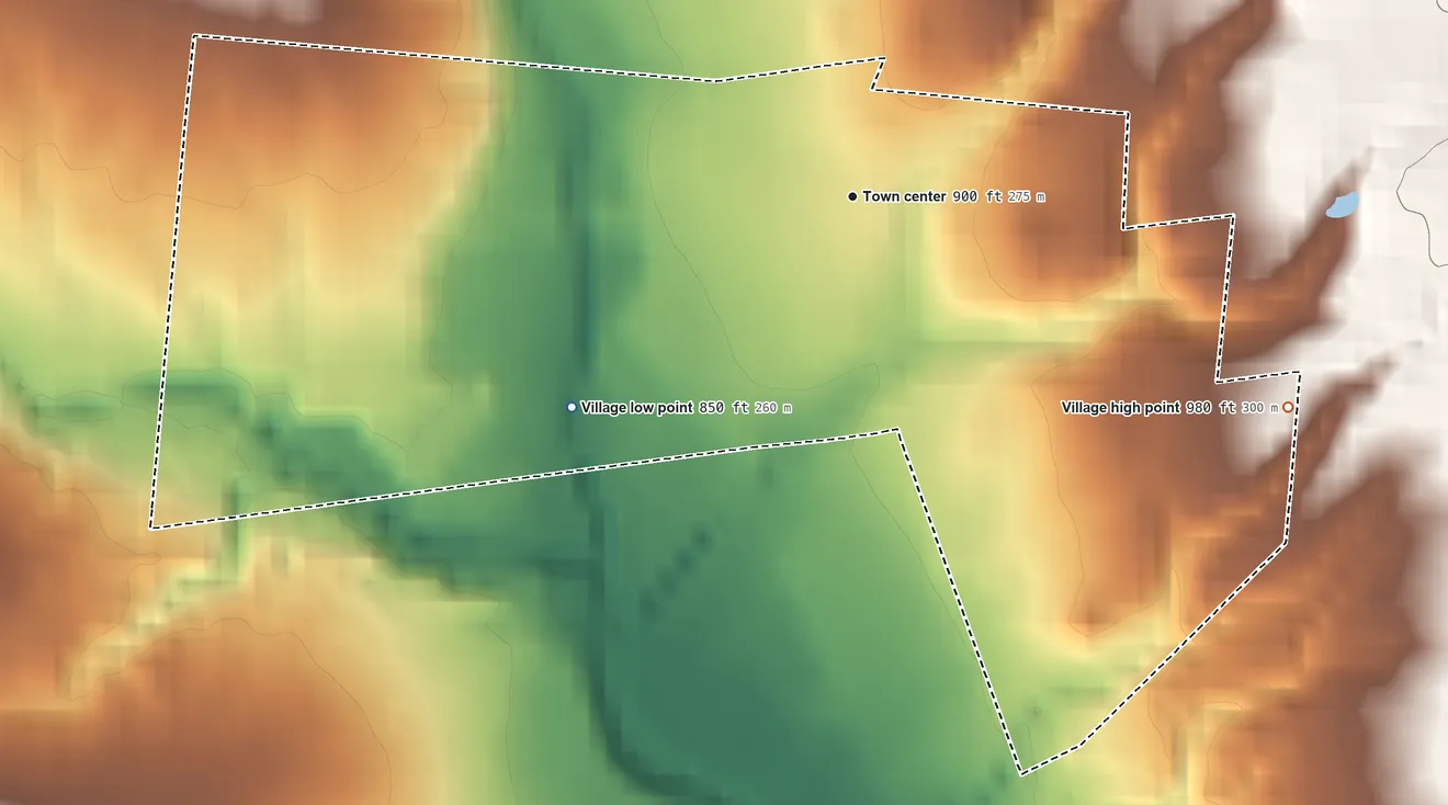 Topographic elevation map of Tarlton, Ohio, shaded from 850 ft on the southwest side to 980 ft on the southeast side