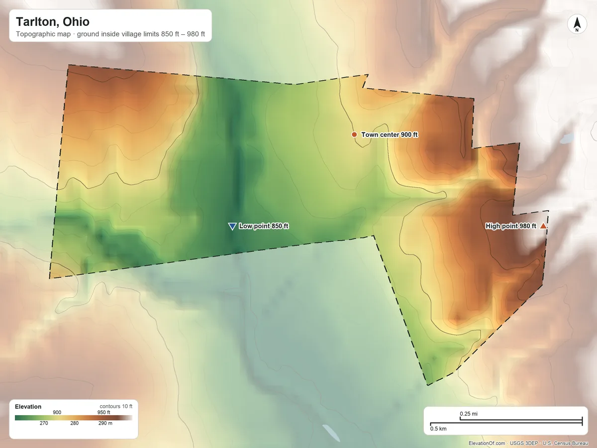 Topographic elevation map of Tarlton, Ohio, shaded from 850 ft on the southwest side to 980 ft on the southeast side