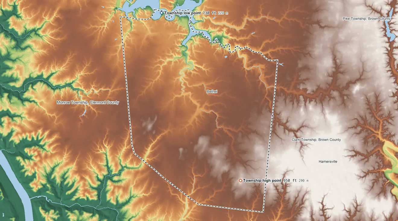 Topographic elevation map of Tate Township, Ohio, shaded from 730 ft on the northwest side to 950 ft on the southeast side