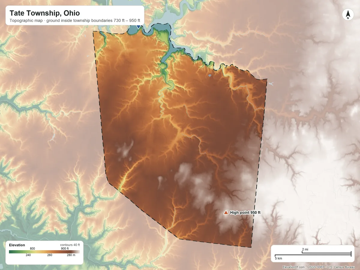 Topographic elevation map of Tate Township, Ohio, shaded from 730 ft on the northwest side to 950 ft on the southeast side