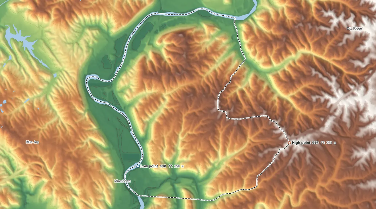 Topographic elevation map of Taylor Creek, Ohio, shaded from 480 ft on the west side to 910 ft on the east side