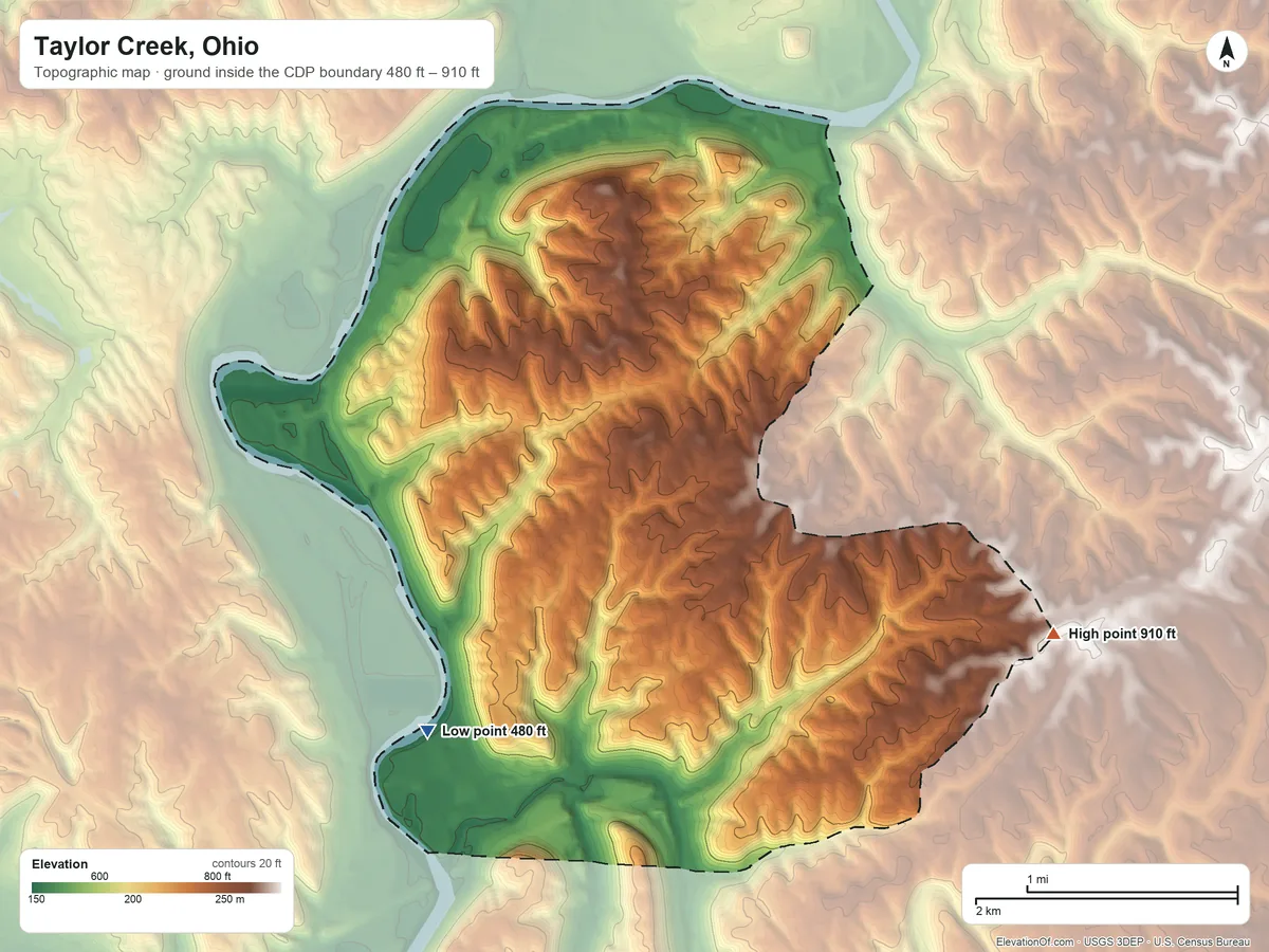 Topographic elevation map of Taylor Creek, Ohio, shaded from 480 ft on the west side to 910 ft on the east side