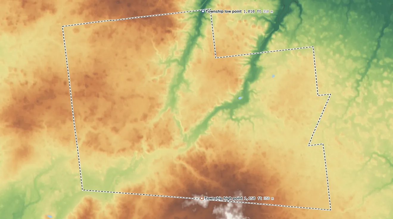 Topographic elevation map of Taylor Creek Township, Ohio, shaded from 1,010 ft on the north side to 1,150 ft on the south side