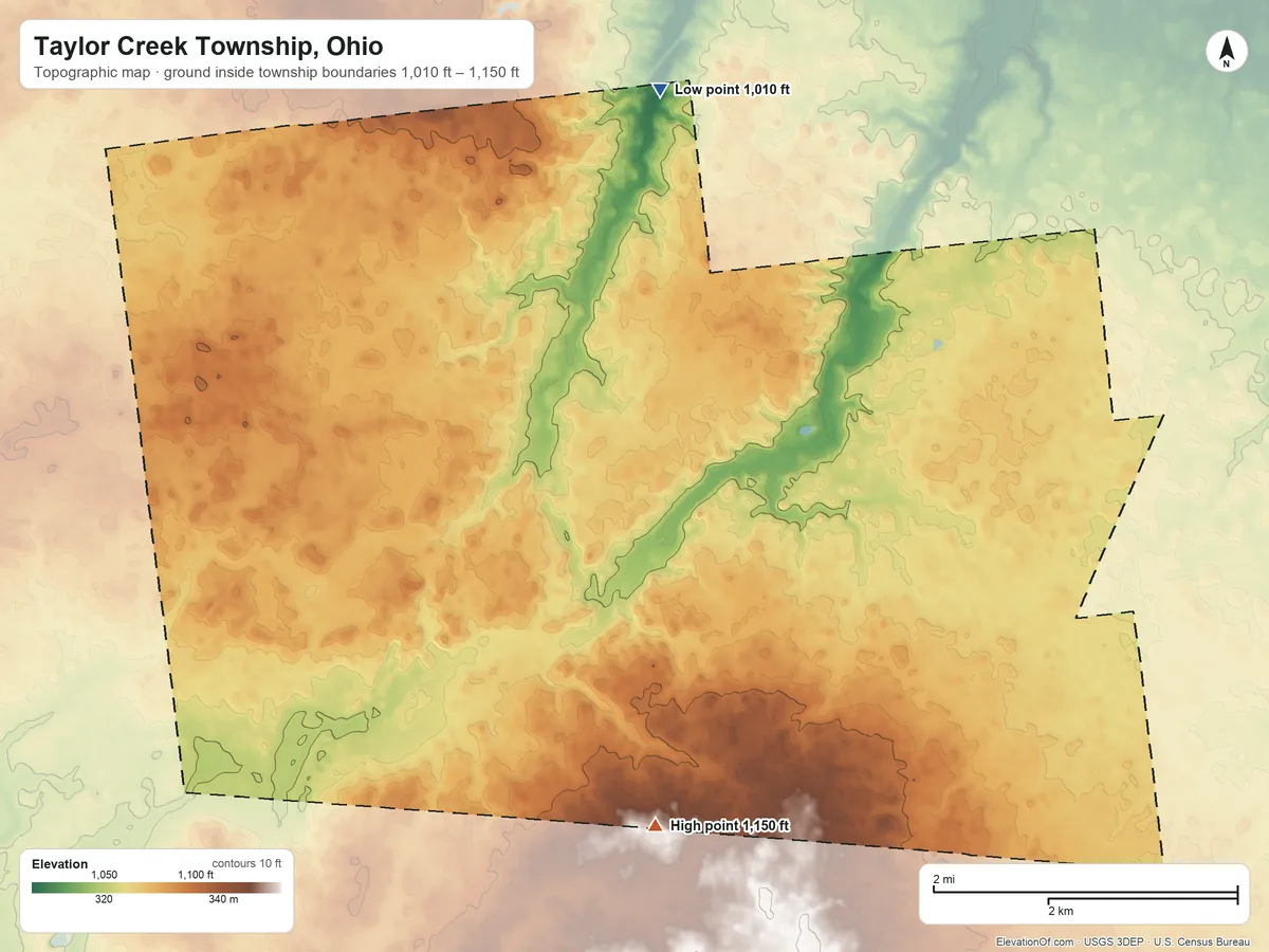 Topographic elevation map of Taylor Creek Township, Ohio, shaded from 1,010 ft on the north side to 1,150 ft on the south side