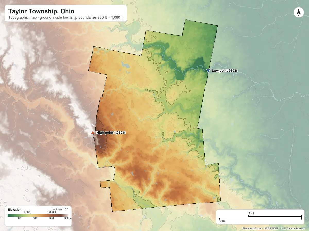Topographic elevation map of Taylor Township, Ohio, shaded from 960 ft on the northeast side to 1,080 ft on the west side