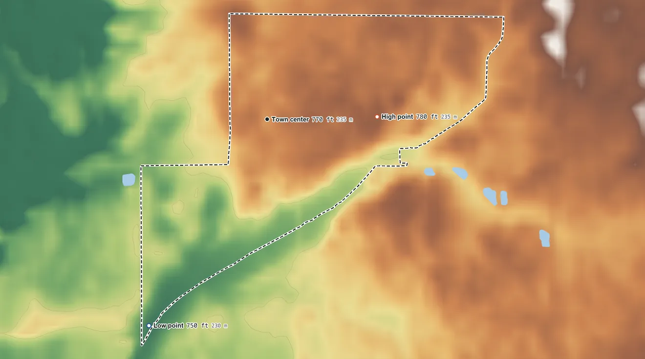 Topographic elevation map of Tedrow, Ohio, shaded from 750 ft on the southwest side to 780 ft on the east side