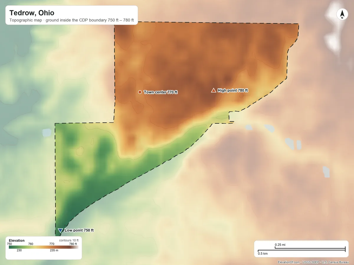 Topographic elevation map of Tedrow, Ohio, shaded from 750 ft on the southwest side to 780 ft on the east side