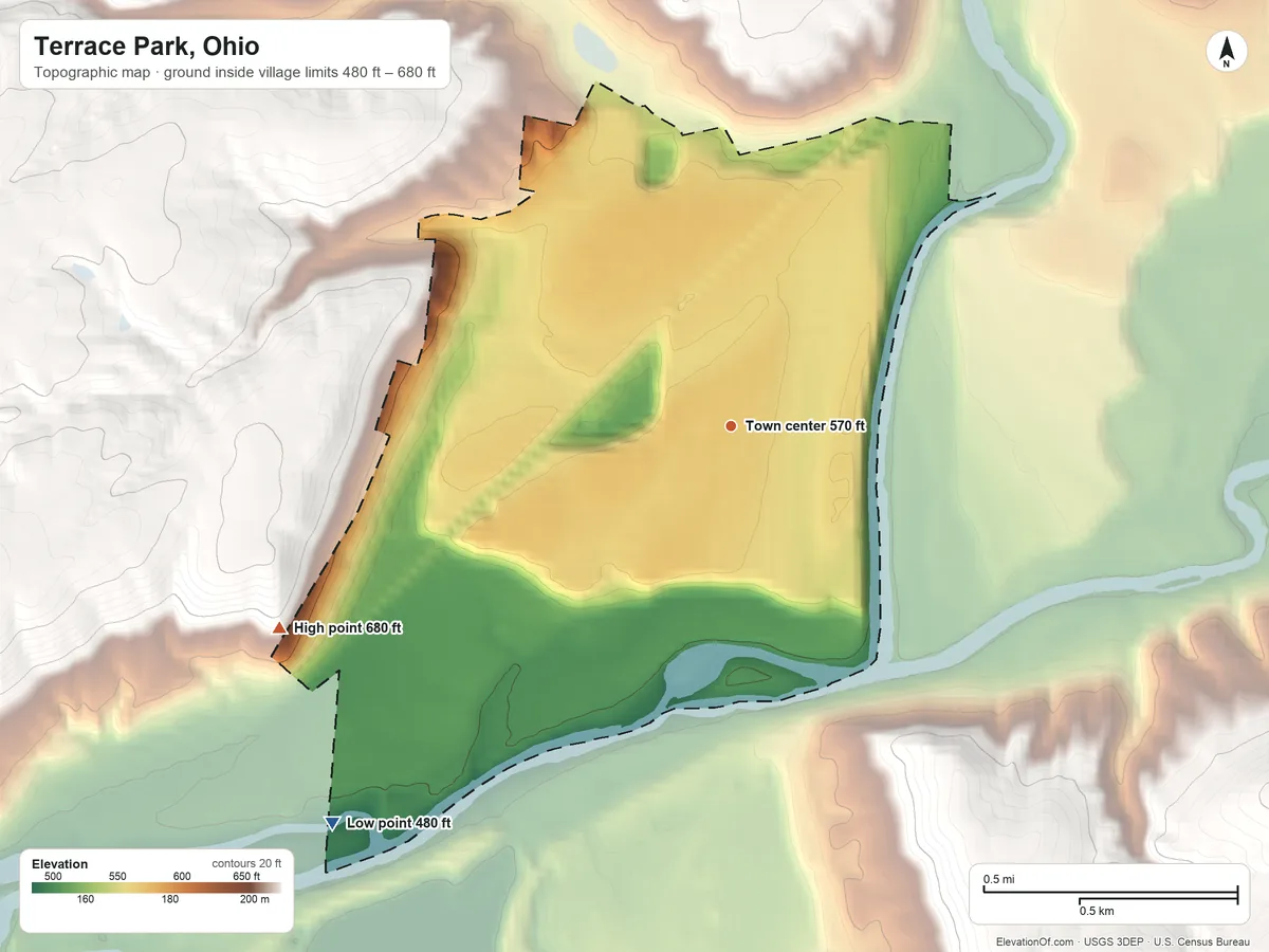 Topographic elevation map of Terrace Park, Ohio, shaded from 480 ft on the southwest side to 680 ft on the southwest side