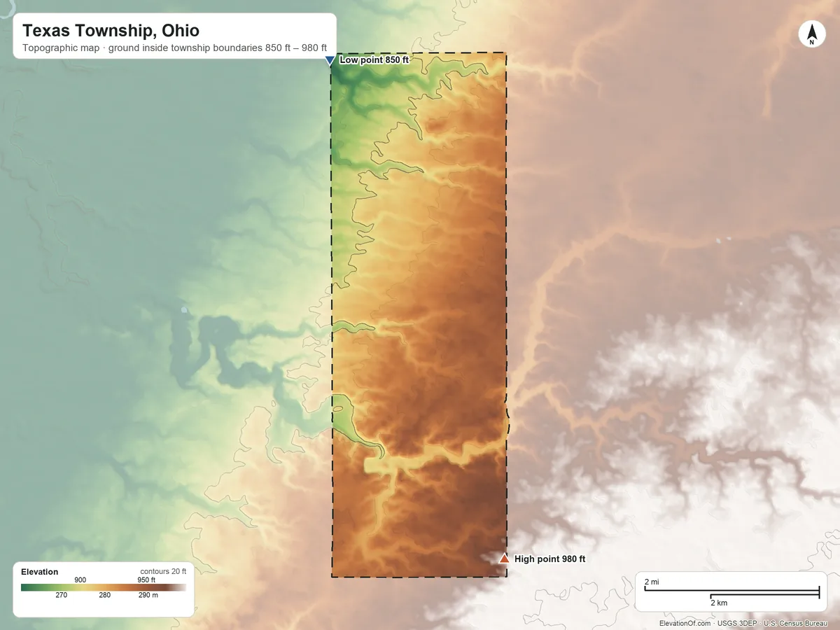 Topographic elevation map of Texas Township, Ohio, shaded from 850 ft on the north side to 980 ft on the south side