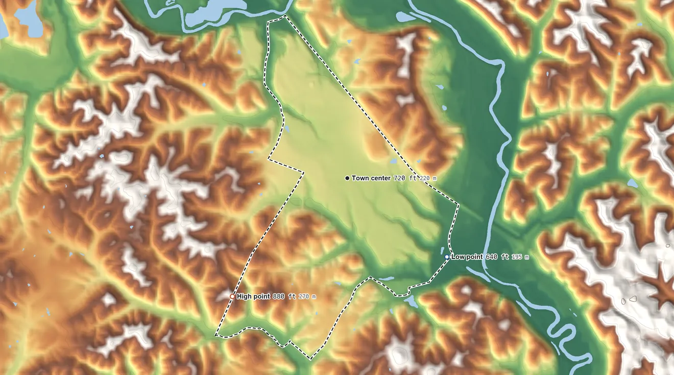 Topographic elevation map of The Plains, Ohio, shaded from 640 ft on the southeast side to 880 ft on the southwest side