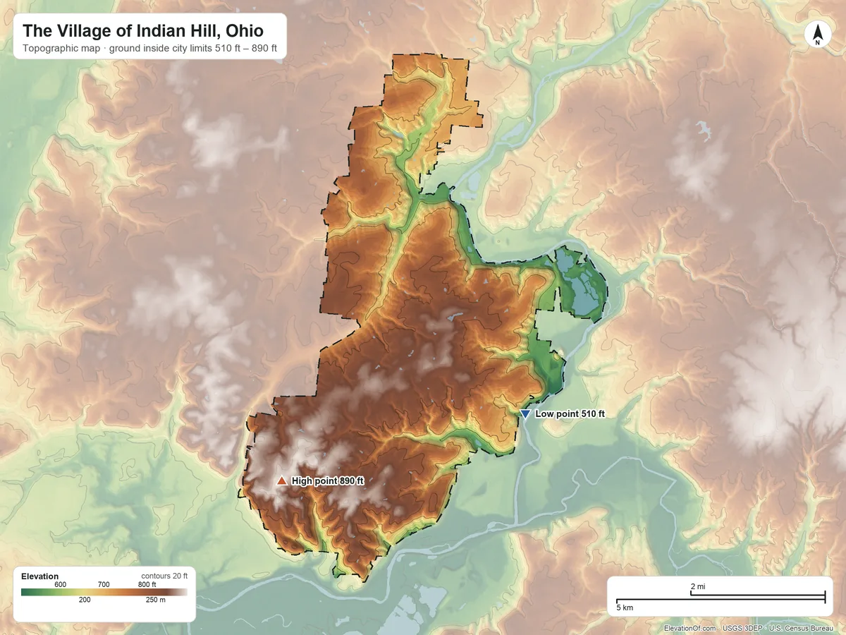 Topographic elevation map of The Village of Indian Hill, Ohio, shaded from 510 ft on the east side to 890 ft on the southwest side