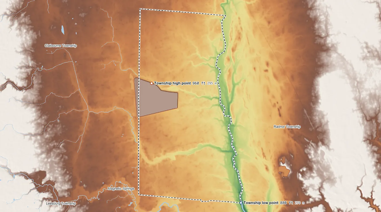 Topographic elevation map of Thompson Township, Delaware County, Ohio, shaded from 880 ft on the southeast side to 960 ft on the northwest side