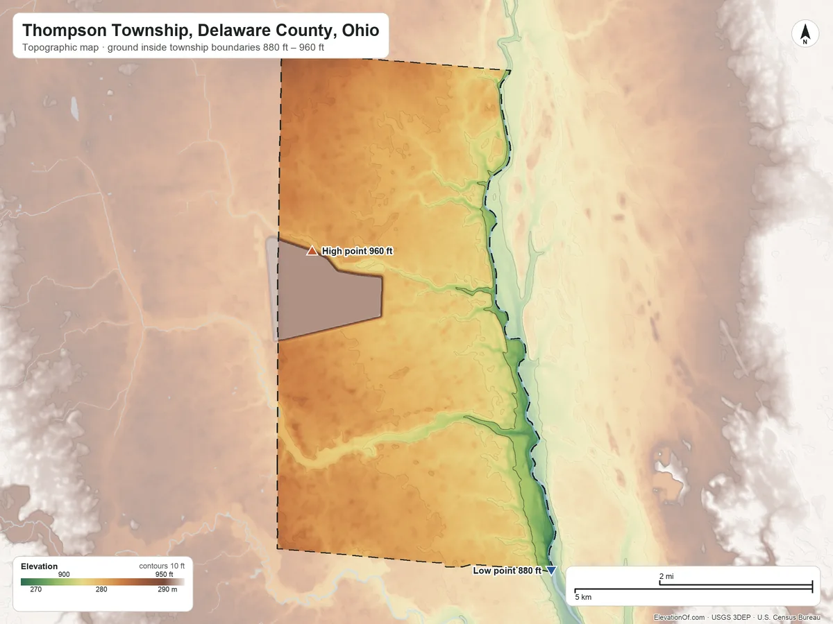 Topographic elevation map of Thompson Township, Delaware County, Ohio, shaded from 880 ft on the southeast side to 960 ft on the northwest side