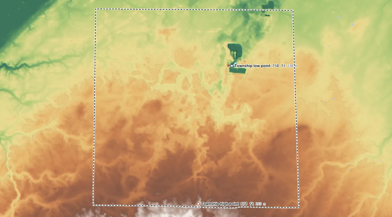 Topographic elevation map of Thompson Township, Seneca County, Ohio, shaded from 750 ft on the northeast side to 870 ft on the south side