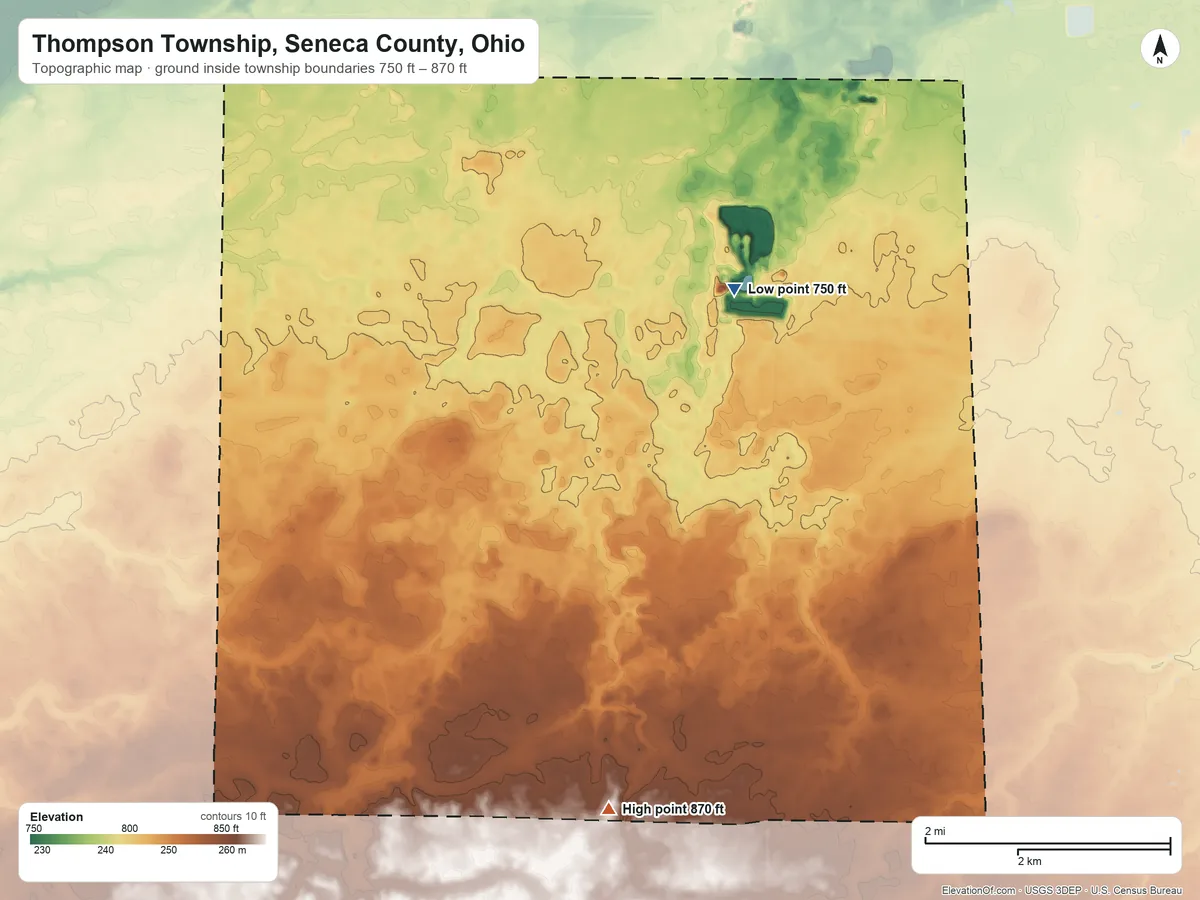 Topographic elevation map of Thompson Township, Seneca County, Ohio, shaded from 750 ft on the northeast side to 870 ft on the south side