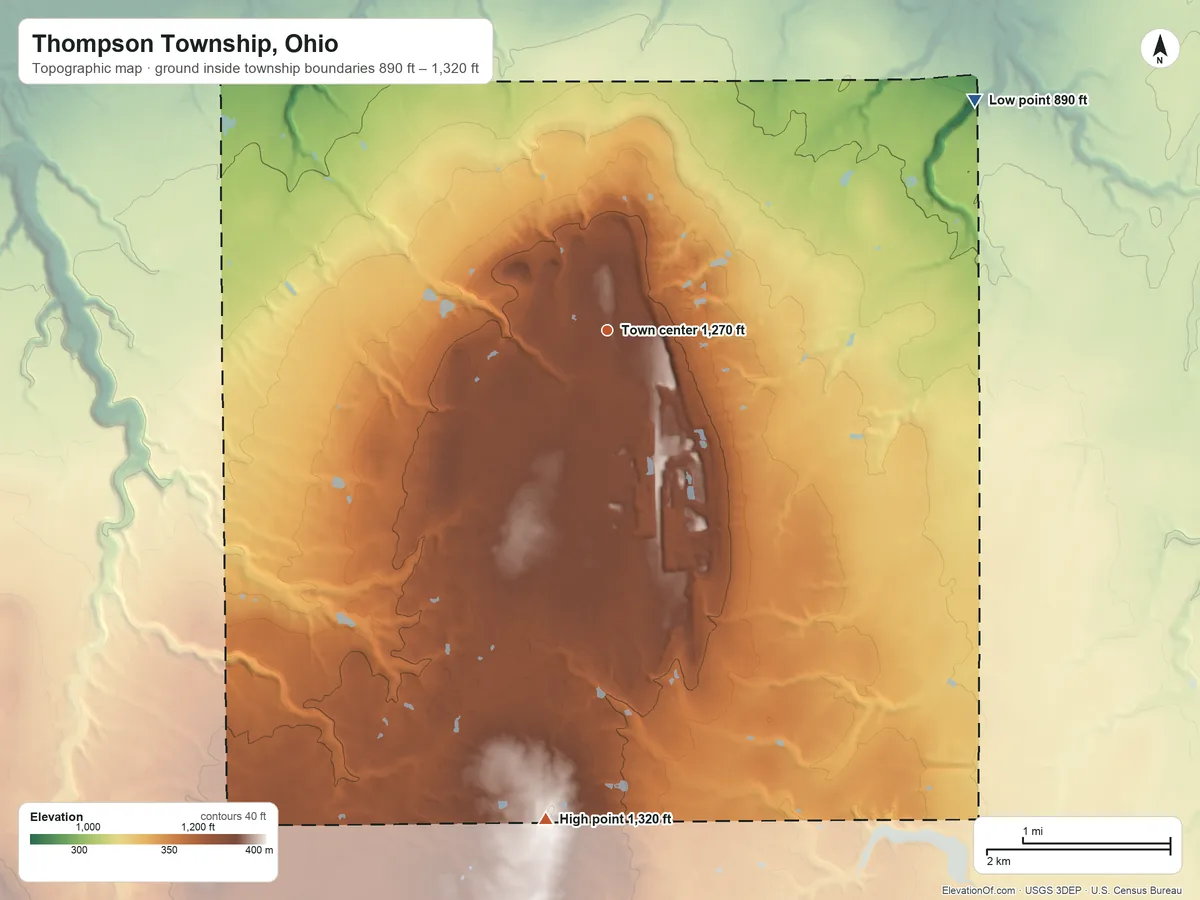 Topographic elevation map of Thompson Township, Ohio, shaded from 890 ft on the northeast side to 1,320 ft on the south side