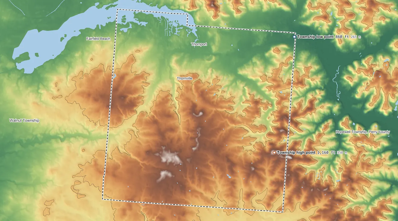 Topographic elevation map of Thorn Township, Ohio, shaded from 860 ft on the northeast side to 1,160 ft on the southeast side