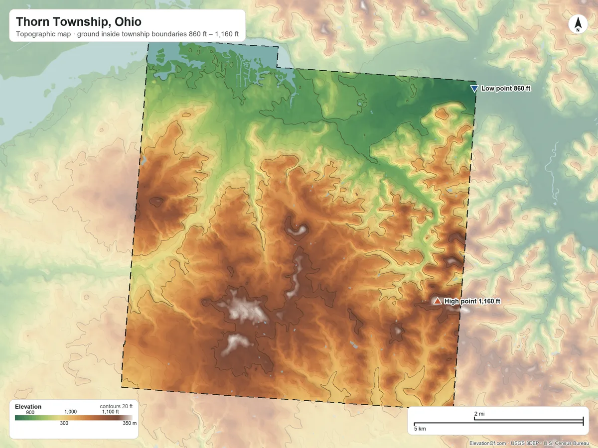 Topographic elevation map of Thorn Township, Ohio, shaded from 860 ft on the northeast side to 1,160 ft on the southeast side