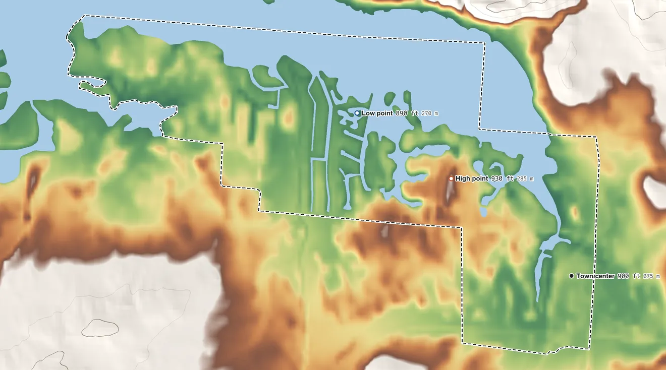 Topographic elevation map of Thornport, Ohio, shaded from 890 ft on the northwest side to 930 ft on the northwest side