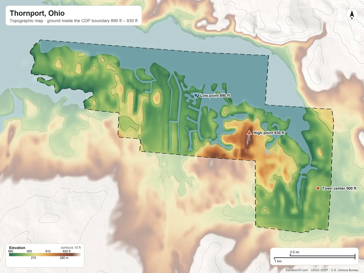 Topographic elevation map of Thornport, Ohio, shaded from 890 ft on the northwest side to 930 ft on the northwest side