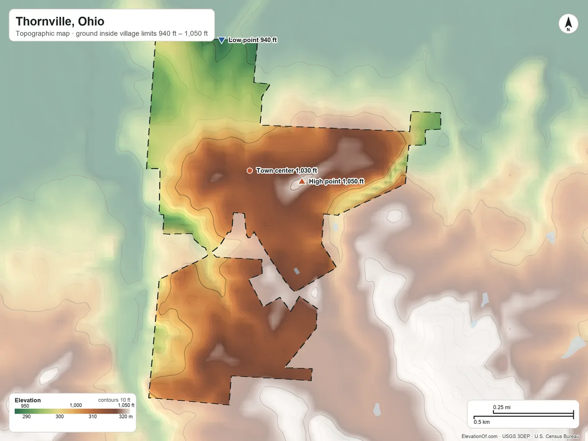 Topographic elevation map of Thornville, Ohio, shaded from 940 ft on the north side to 1,050 ft on the east side