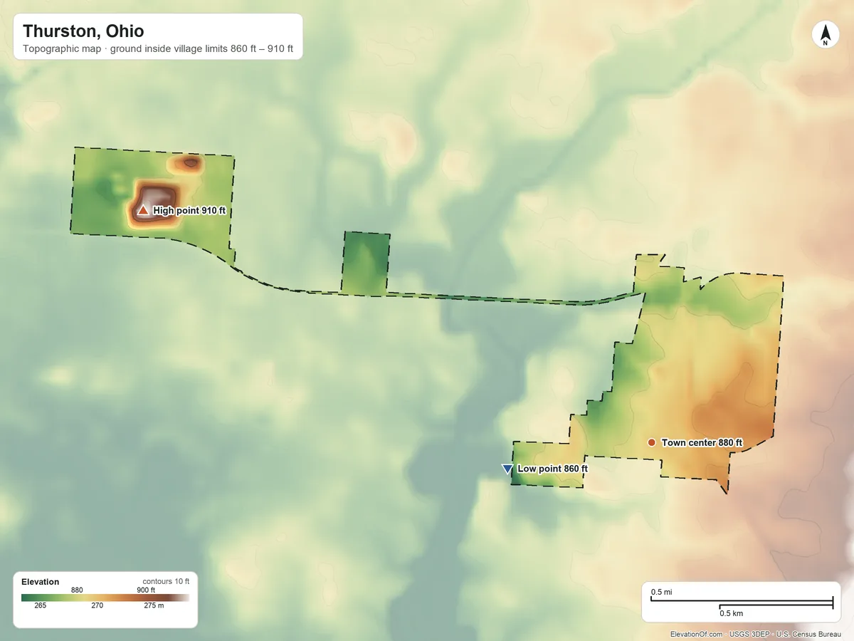 Topographic elevation map of Thurston, Ohio, shaded from 860 ft on the west side to 910 ft on the northwest side