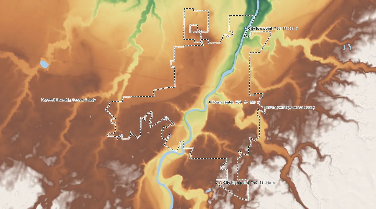 Topographic elevation map of Tiffin, Ohio, shaded from 710 ft on the northeast side to 790 ft on the south side