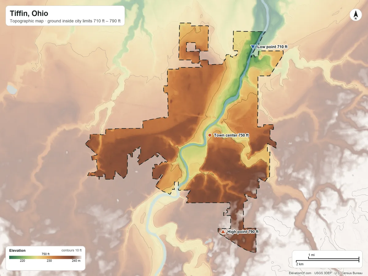 Topographic elevation map of Tiffin, Ohio, shaded from 710 ft on the northeast side to 790 ft on the south side