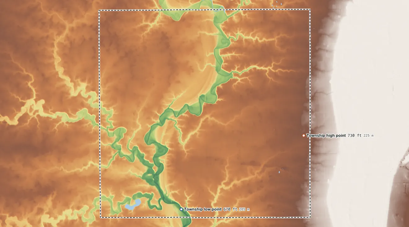 Topographic elevation map of Tiffin Township, Defiance County, Ohio, shaded from 670 ft on the south side to 730 ft on the east side