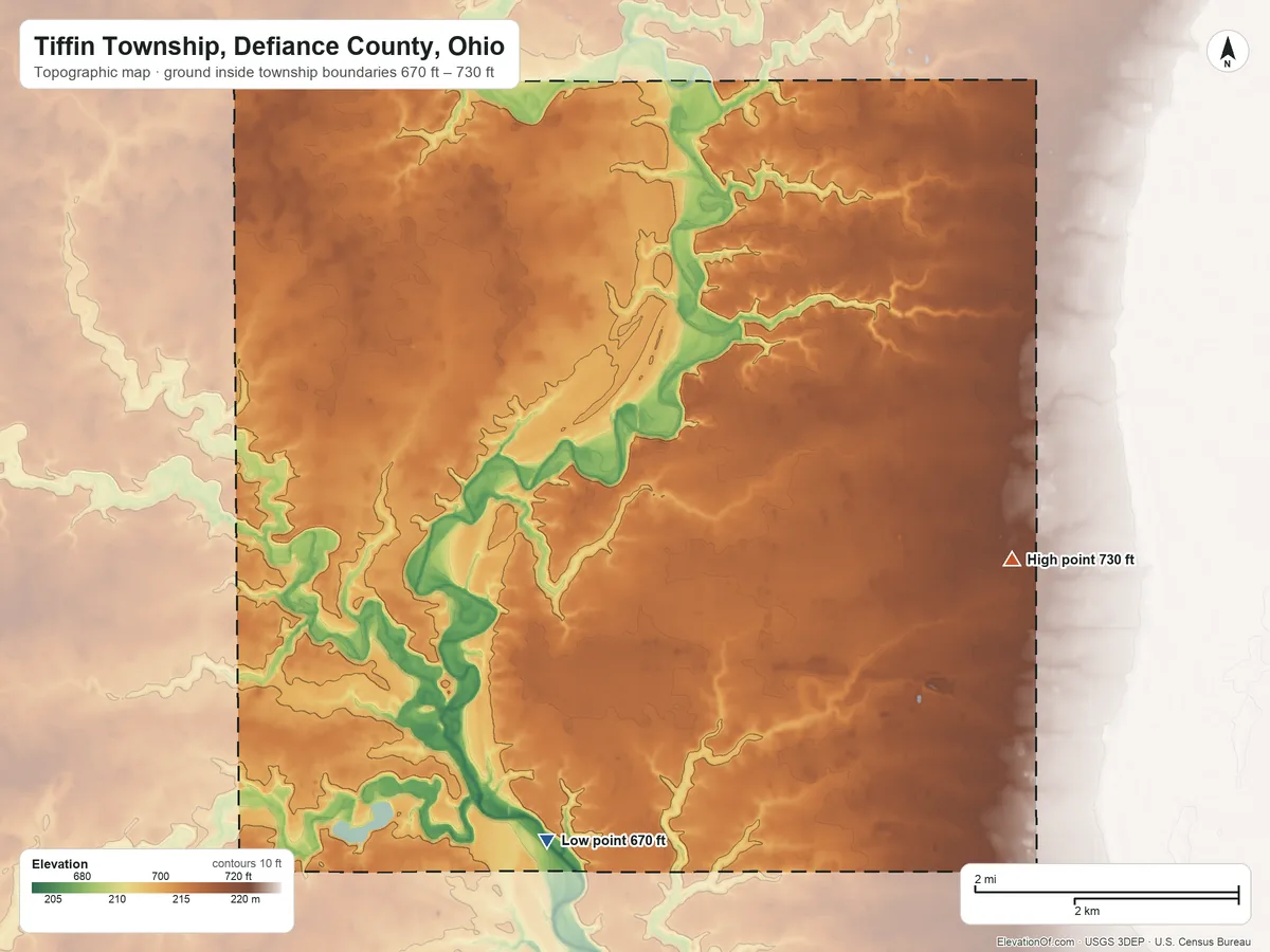 Topographic elevation map of Tiffin Township, Defiance County, Ohio, shaded from 670 ft on the south side to 730 ft on the east side