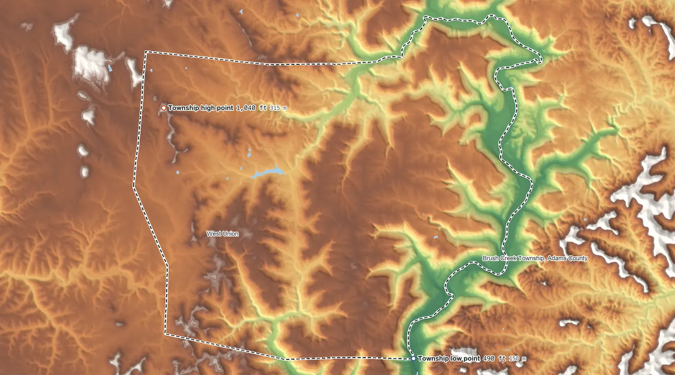 Topographic elevation map of Tiffin Township, Ohio, shaded from 490 ft on the southeast side to 1,040 ft on the northwest side