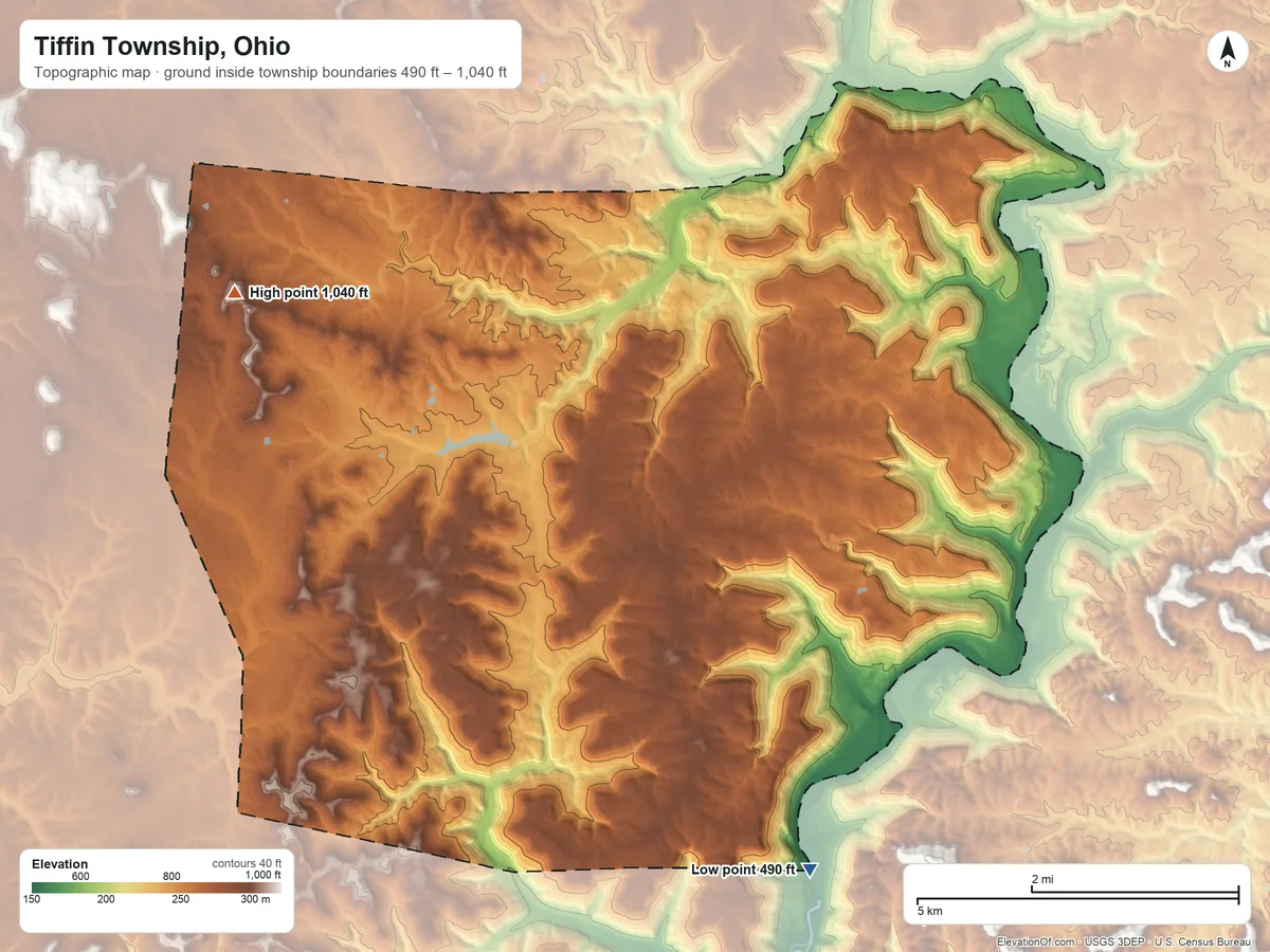 Topographic elevation map of Tiffin Township, Ohio, shaded from 490 ft on the southeast side to 1,040 ft on the northwest side