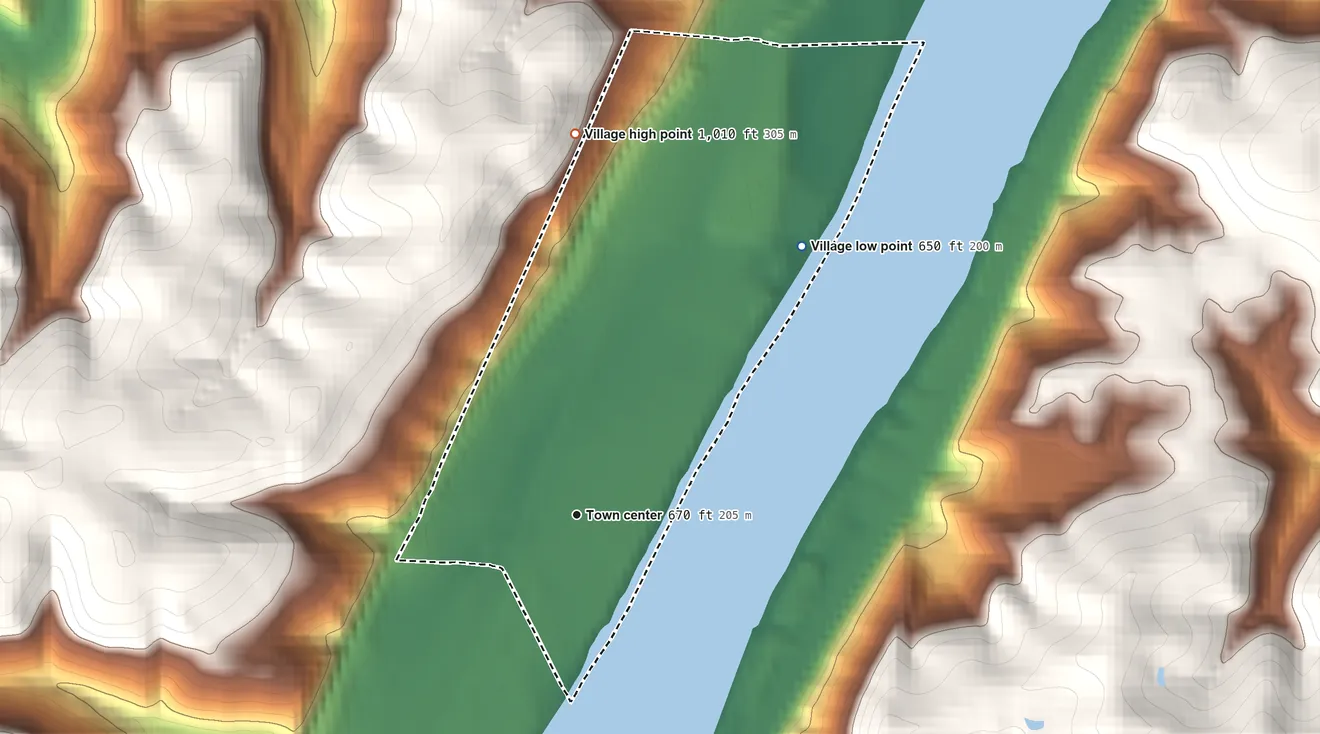 Topographic elevation map of Tiltonsville, Ohio, shaded from 650 ft on the northeast side to 1,010 ft on the north side