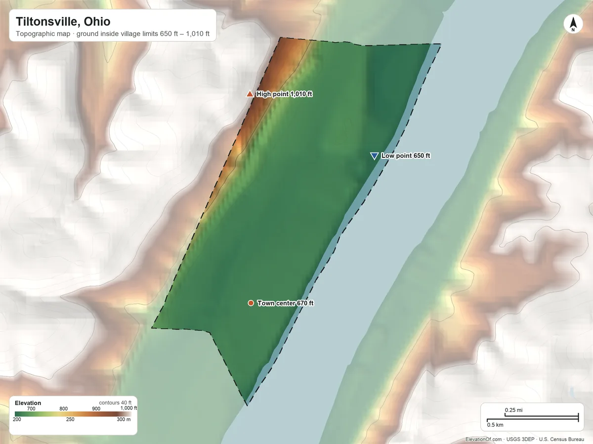 Topographic elevation map of Tiltonsville, Ohio, shaded from 650 ft on the northeast side to 1,010 ft on the north side