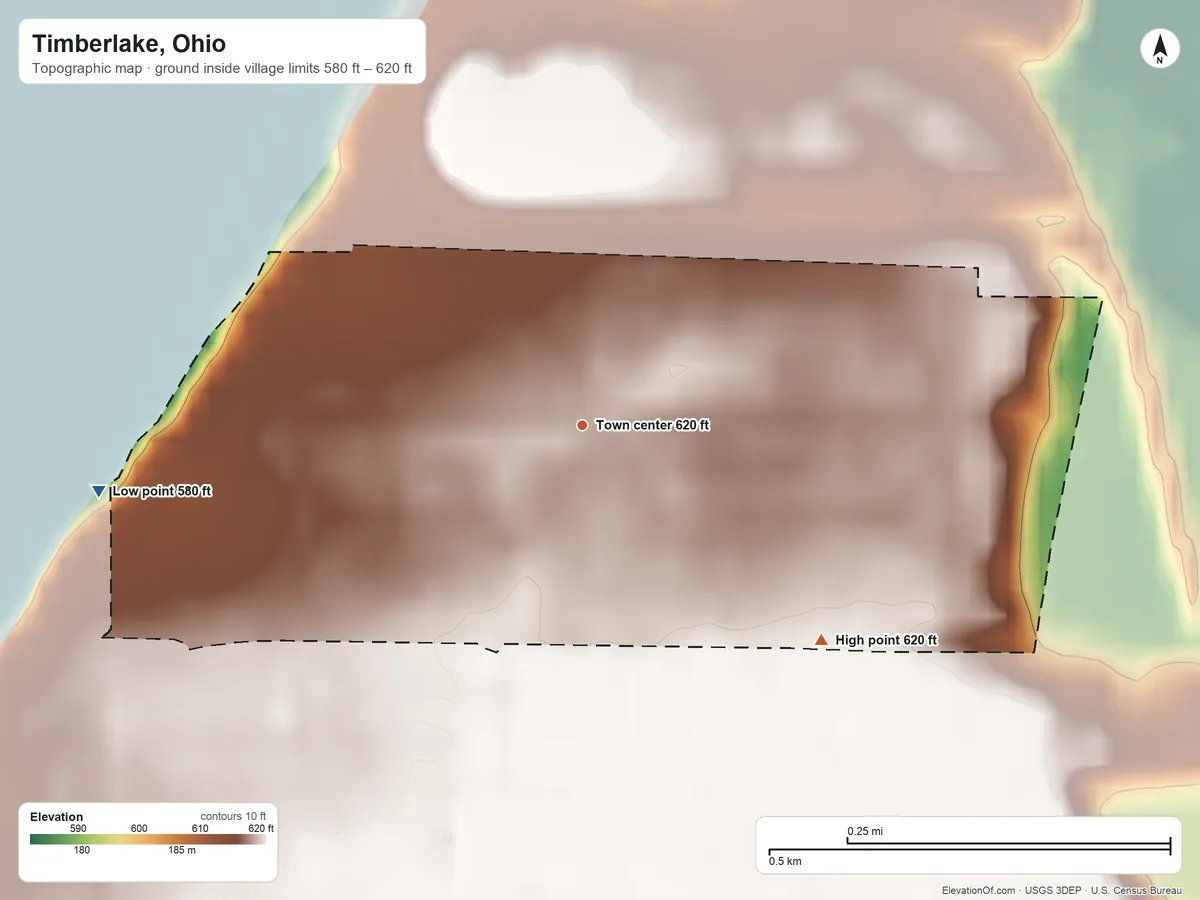 Topographic elevation map of Timberlake, Ohio, shaded from 580 ft on the west side to 620 ft on the southeast side