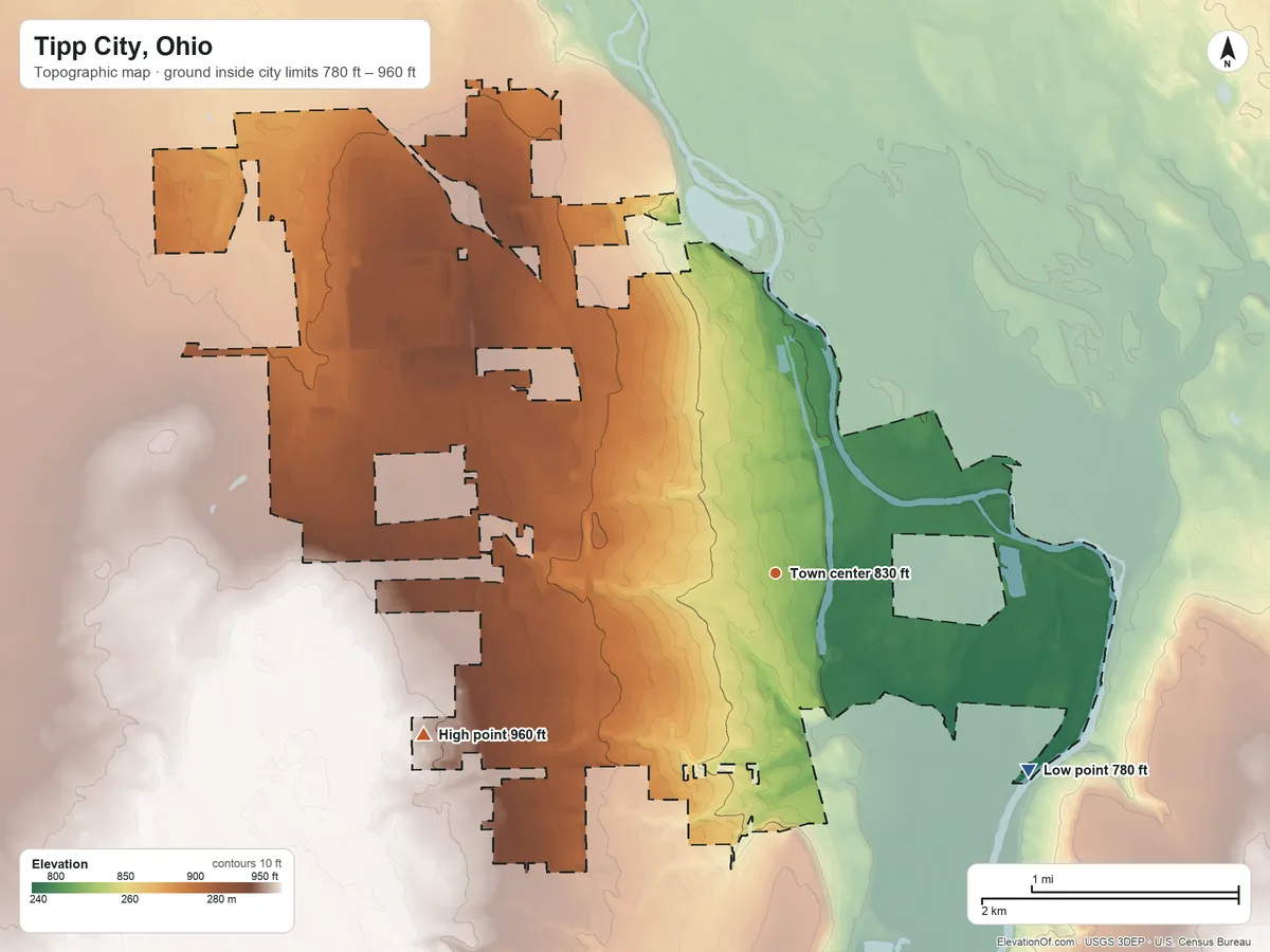 Topographic elevation map of Tipp City, Ohio, shaded from 780 ft on the southeast side to 960 ft on the southwest side