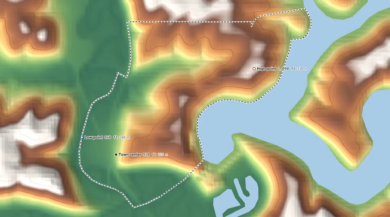Topographic elevation map of Tippecanoe, Ohio, shaded from 860 ft on the northwest side to 1,090 ft on the northeast side