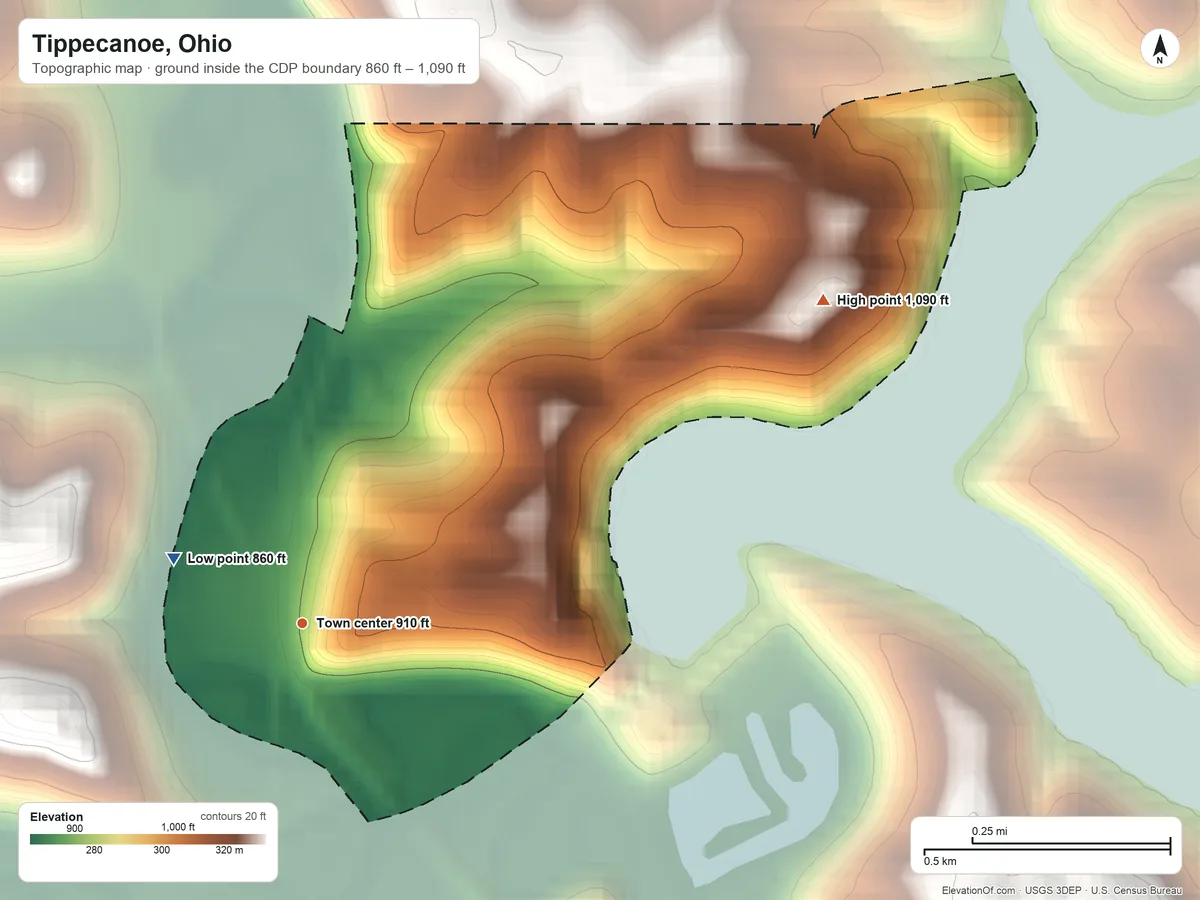 Topographic elevation map of Tippecanoe, Ohio, shaded from 860 ft on the northwest side to 1,090 ft on the northeast side