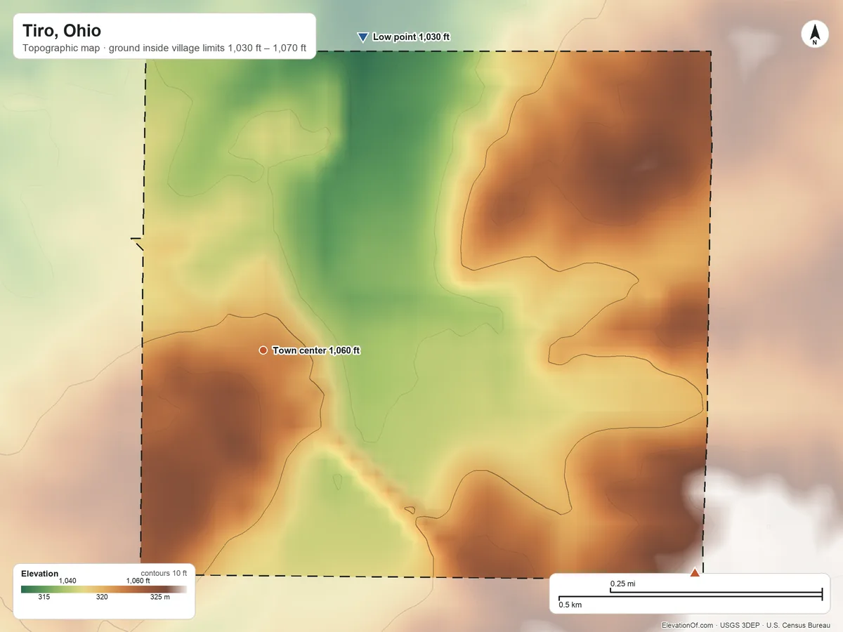 Topographic elevation map of Tiro, Ohio, shaded from 1,030 ft on the north side to 1,070 ft on the southeast side