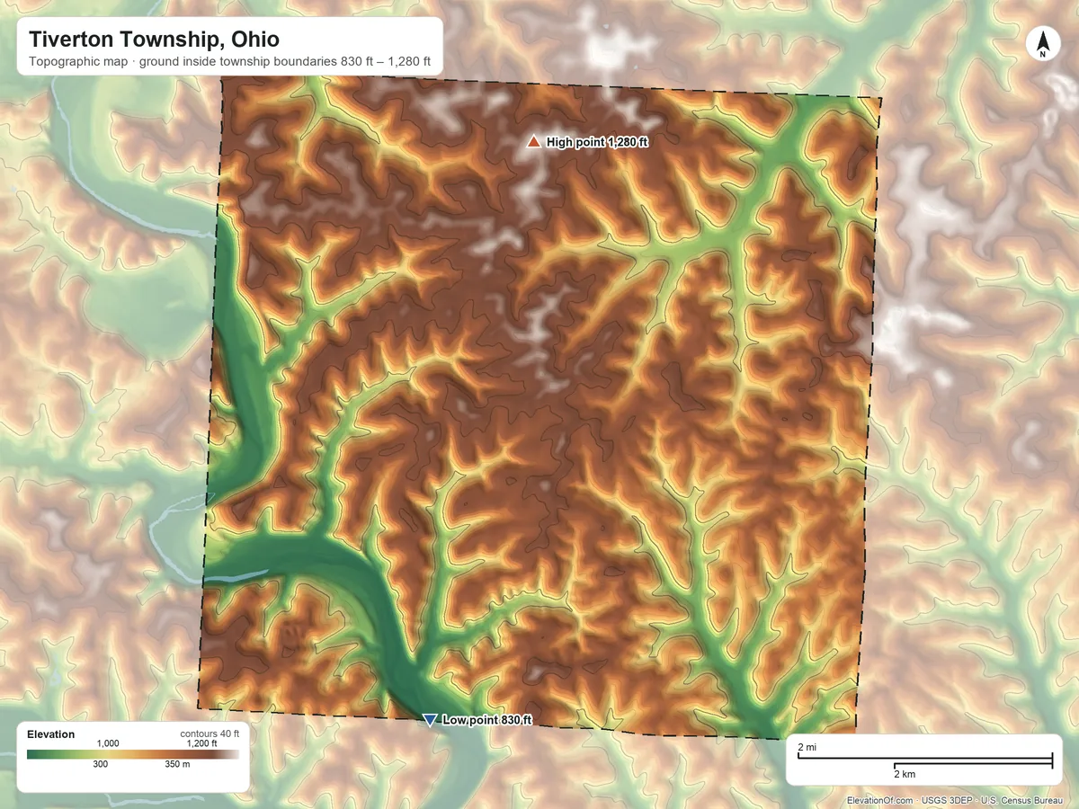 Topographic elevation map of Tiverton Township, Ohio, shaded from 830 ft on the southwest side to 1,280 ft on the northwest side