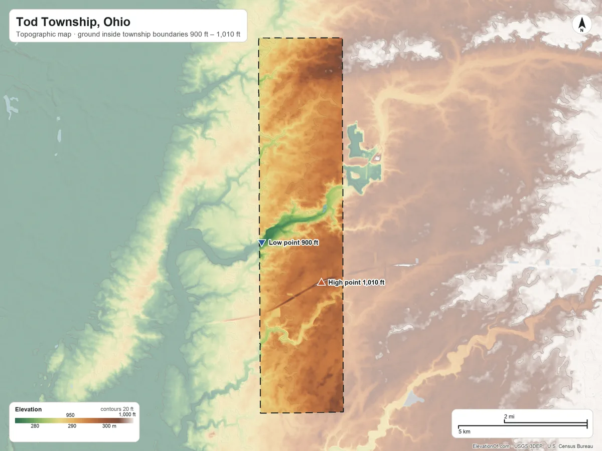 Topographic elevation map of Tod Township, Ohio, shaded from 900 ft on the southwest side to 1,010 ft on the south side